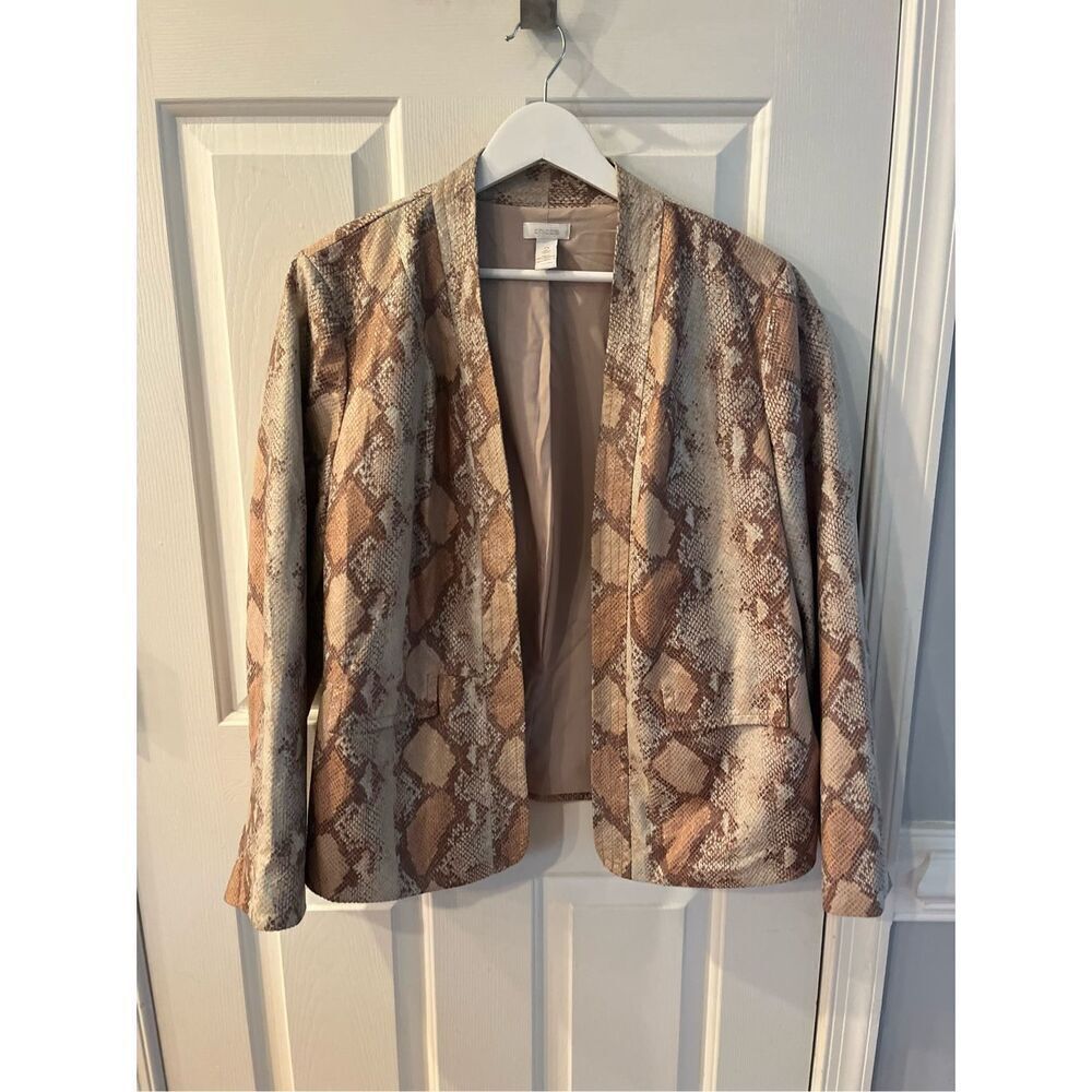 Chico’s Tan & Brown Snake Print Shimmer Mole Skin Open Front Jacket sz 2 or 12 E